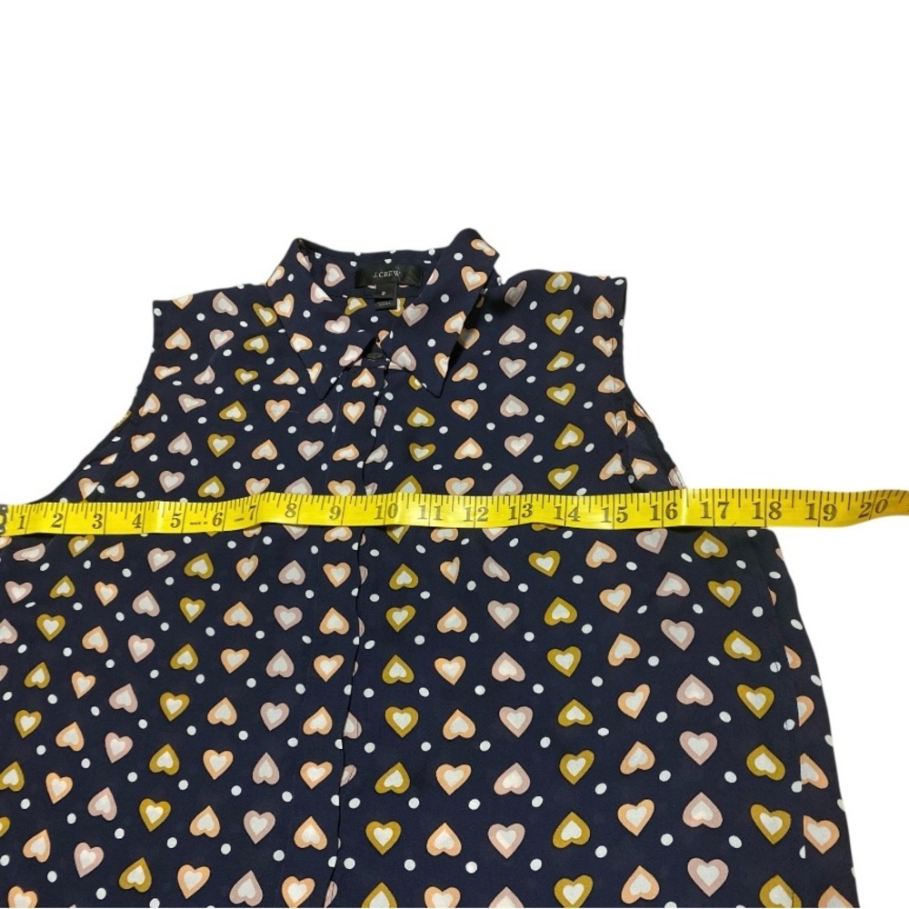 J. Crew Silk Navy Blue Heart Print Sleeveless Top Size 2 Button Down Blouse - Picture 9 of 13